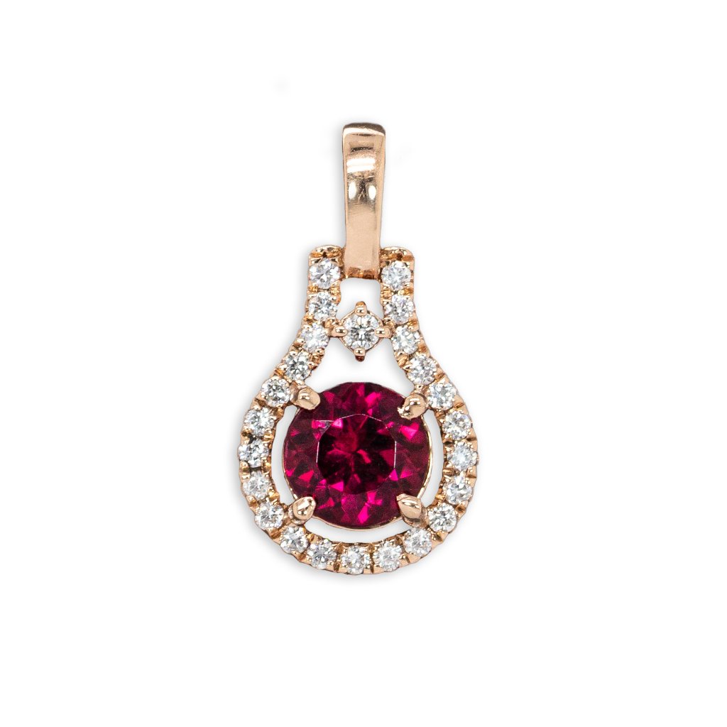 Rubellite Tourmaline Pendant In Solid 14k Rose Gold With Natural Diamond Accents